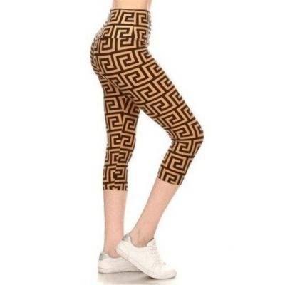 NWT - Black & Tan Grecian Print Wide Band Capri Yoga Style Leggings - OS (6-12)